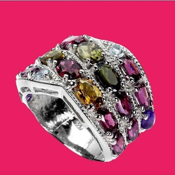 Genuine Tourmaline 6x4mm, Amethyst, Rhodolite 925 Sterling Silver Ring‎ Sz 7.25 - Picture 3 of 3